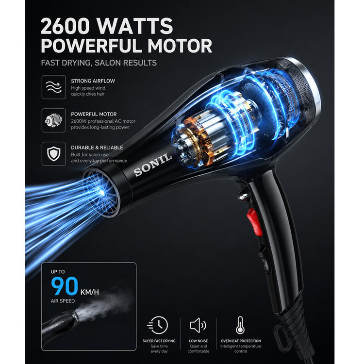 سشوار حرفهای 2600 وات سانیل مدل STP-8803، موتور AC دارای سری متمرکزکننده باریک، متمرکزکننده پهن با ویژگی صافکنندگی، حجمدهندگی، با قابلیت باد سرد