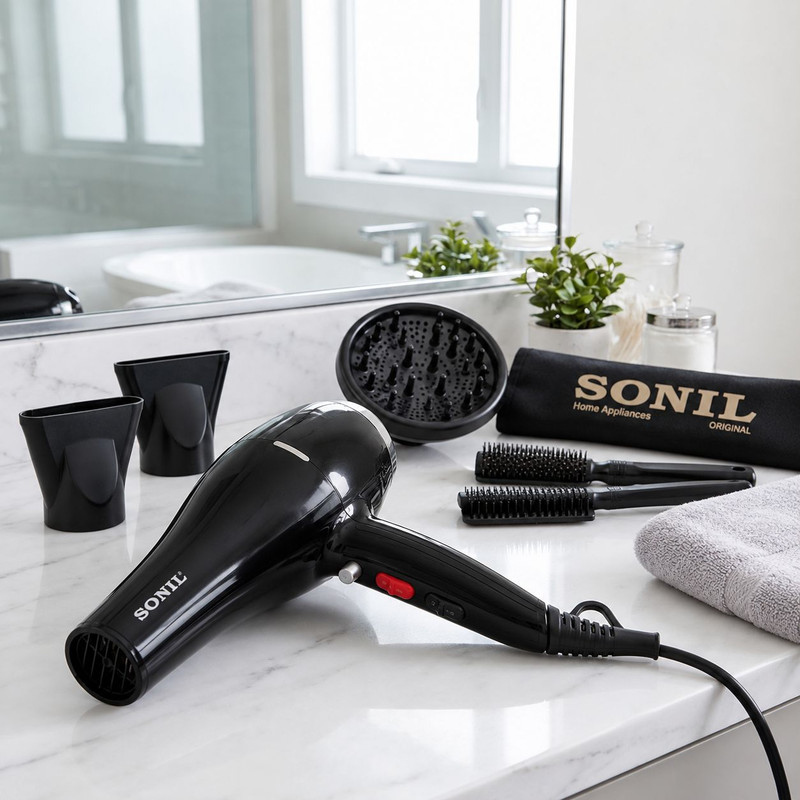 سشوار حرفه‌ای 2600 وات سانیل مدل STP-8803، موتور AC دارای سری متمرکز‌کننده باریک، متمرکز‌کننده پهن با ویژگی صاف‌کنندگی، حجم‌دهندگی، با قابلیت باد سرد
